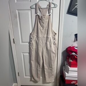 American Eagle Outfitters Cream Denim Overalls - Relaxed Fit